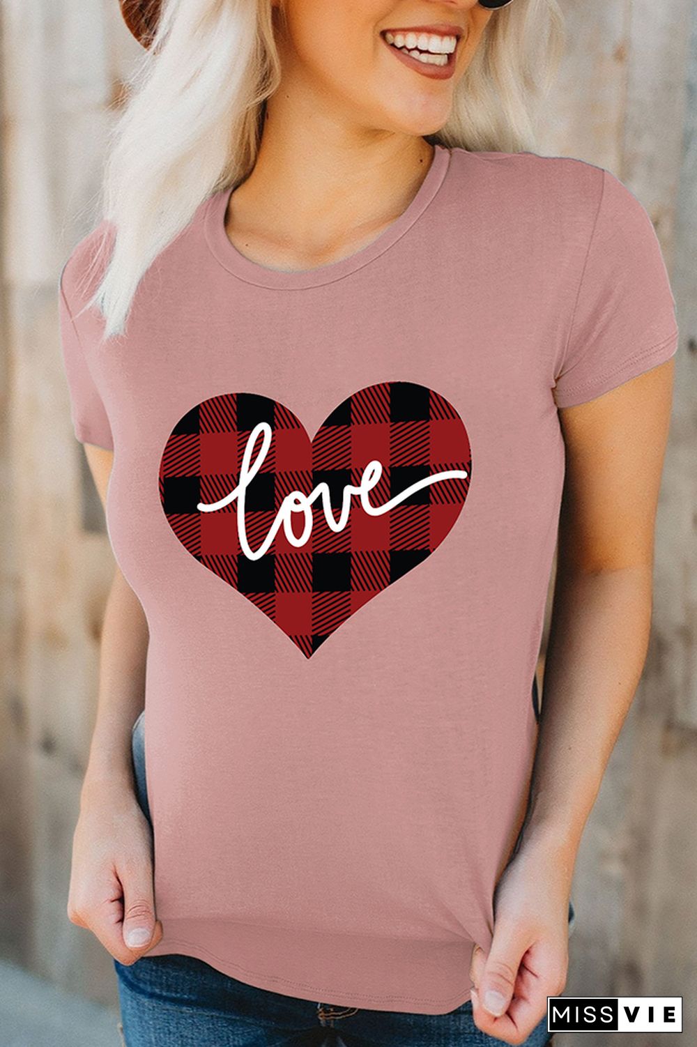 VALENTINE'S DAY Plaid Heart Graphic Tee Short Sleeve T shirts Top Wholesale