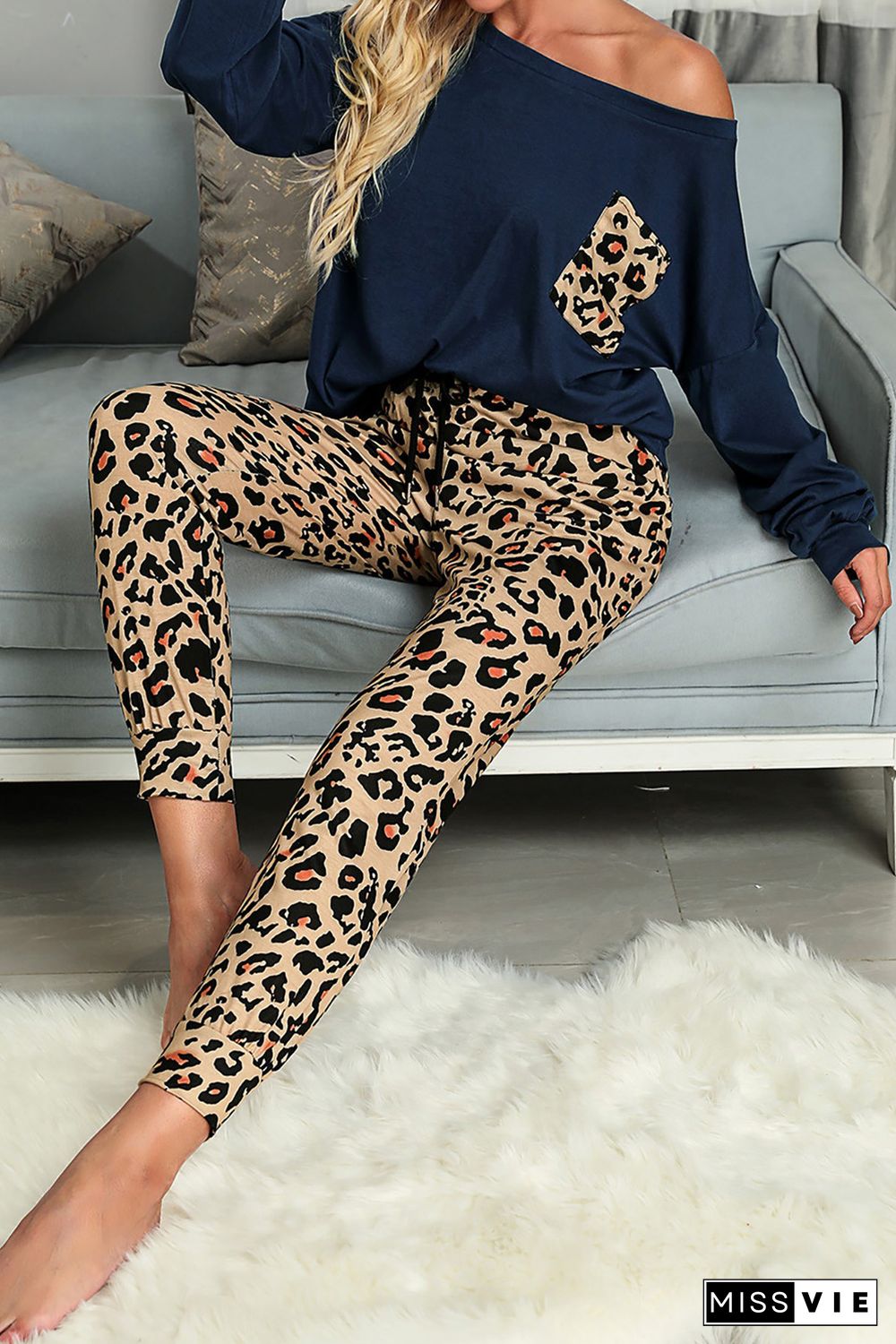 Blue Casual Long Sleeve Leopard Pants Loungewear Set