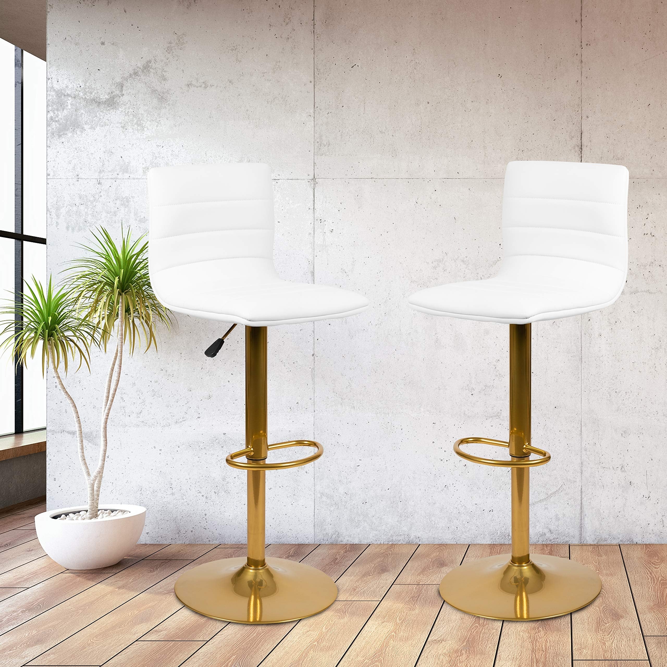 2PK White Vinyl Adjustable Height Barstool w/ Horizontal Stitch Back and Gold Base - as picture