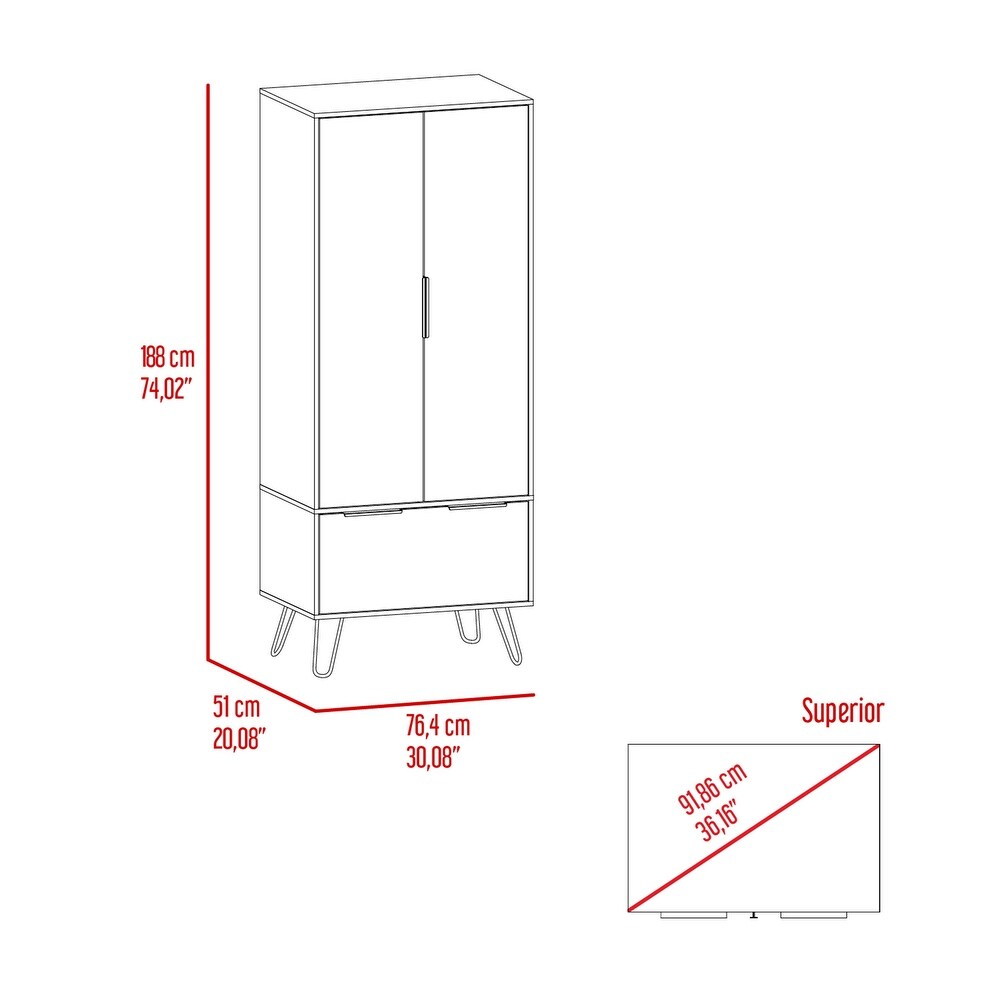 TUHOME Augusta Closet with Hanging Rod  Drawer  Hairpin Legs  and Double Door Cabinet   N/A