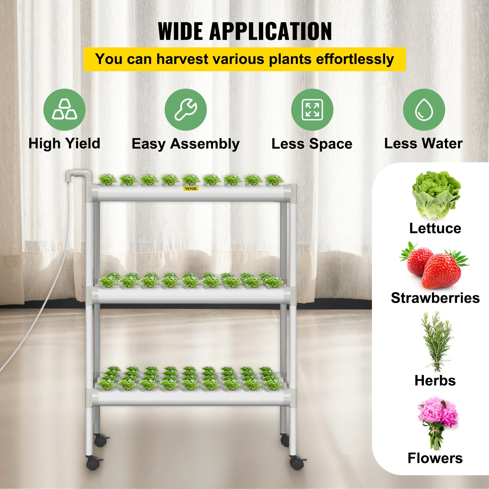 VEVOR Hydroponic Site Grow Kit 3 Layer 108 Plant Sites， 12 PVC Pipes Hydroponic Indoor Plant Growing System， Food-Grade Pipe Plant Grow Kit with Water Pump and Timer