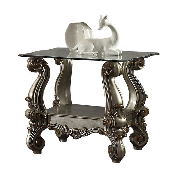 ACME Versailles End Table， Antique Platinum and Clear Glass - 1 Piece