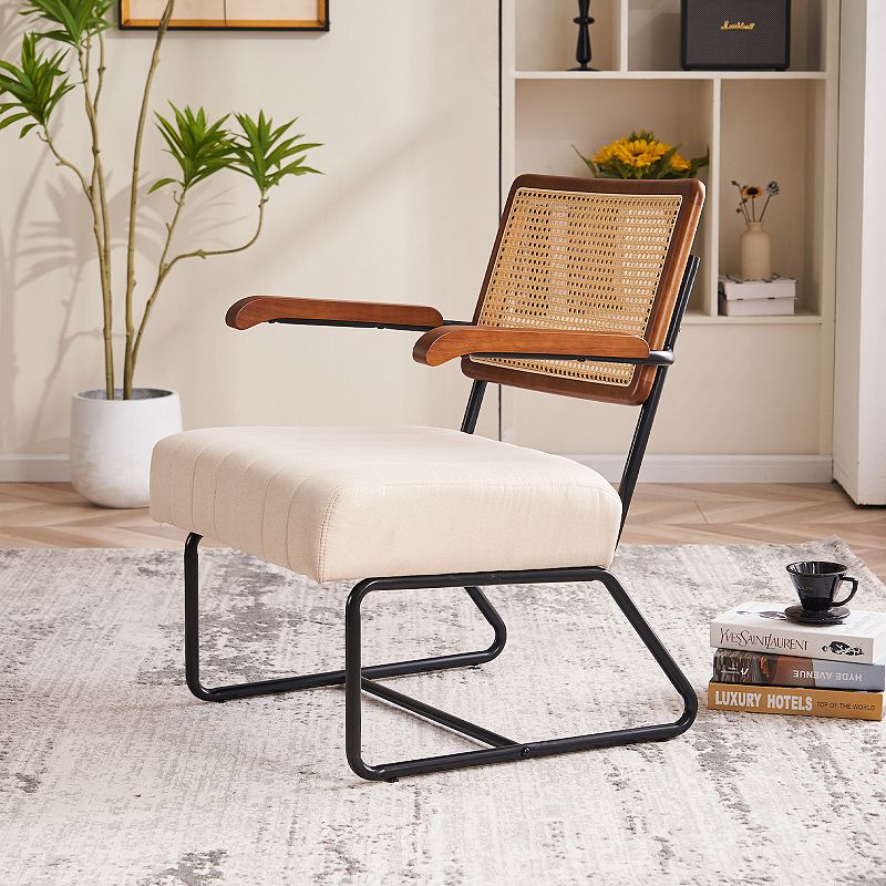 Unikome Rattan Accent Chair with Cane Backrest and Metal Frame， Mid Century Modern Armchair