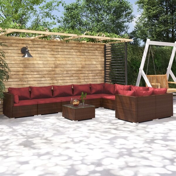 10 Piece Patio Lounge Set with Cushions Poly Rattan Brown - Overstock - 36365345