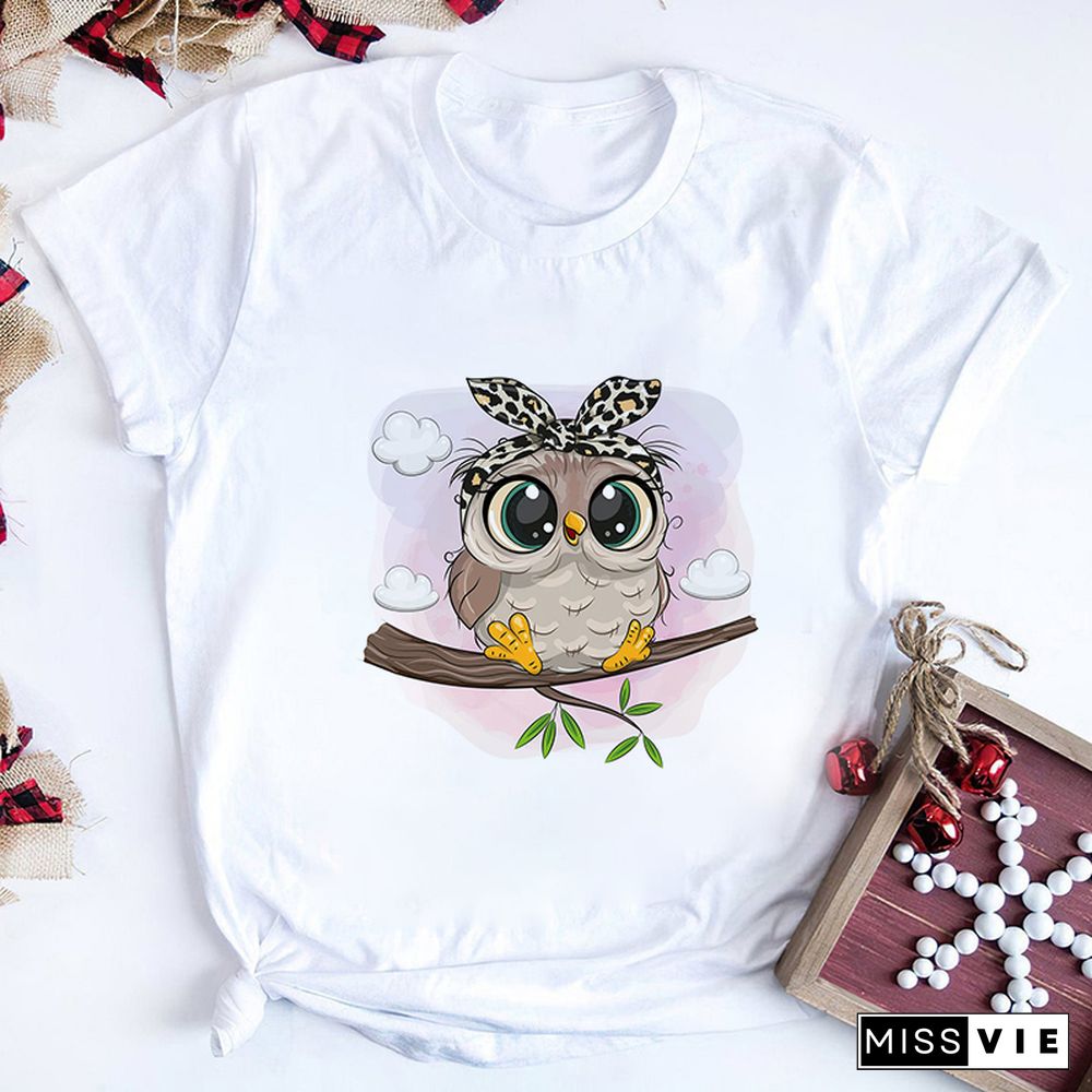 Gothic Women Cute Owl Printed T-Shirt All Seasons Fashion Thin Short Sleeve Tees Harajuku Casual Pink Top Female Clothing Tshirt