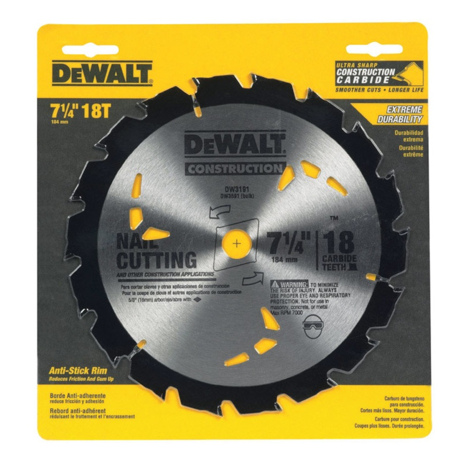 DW 7-1/4 in. D X 5/8 in. Construction Carbide Circular Saw Blade 18 teeth 1 pk