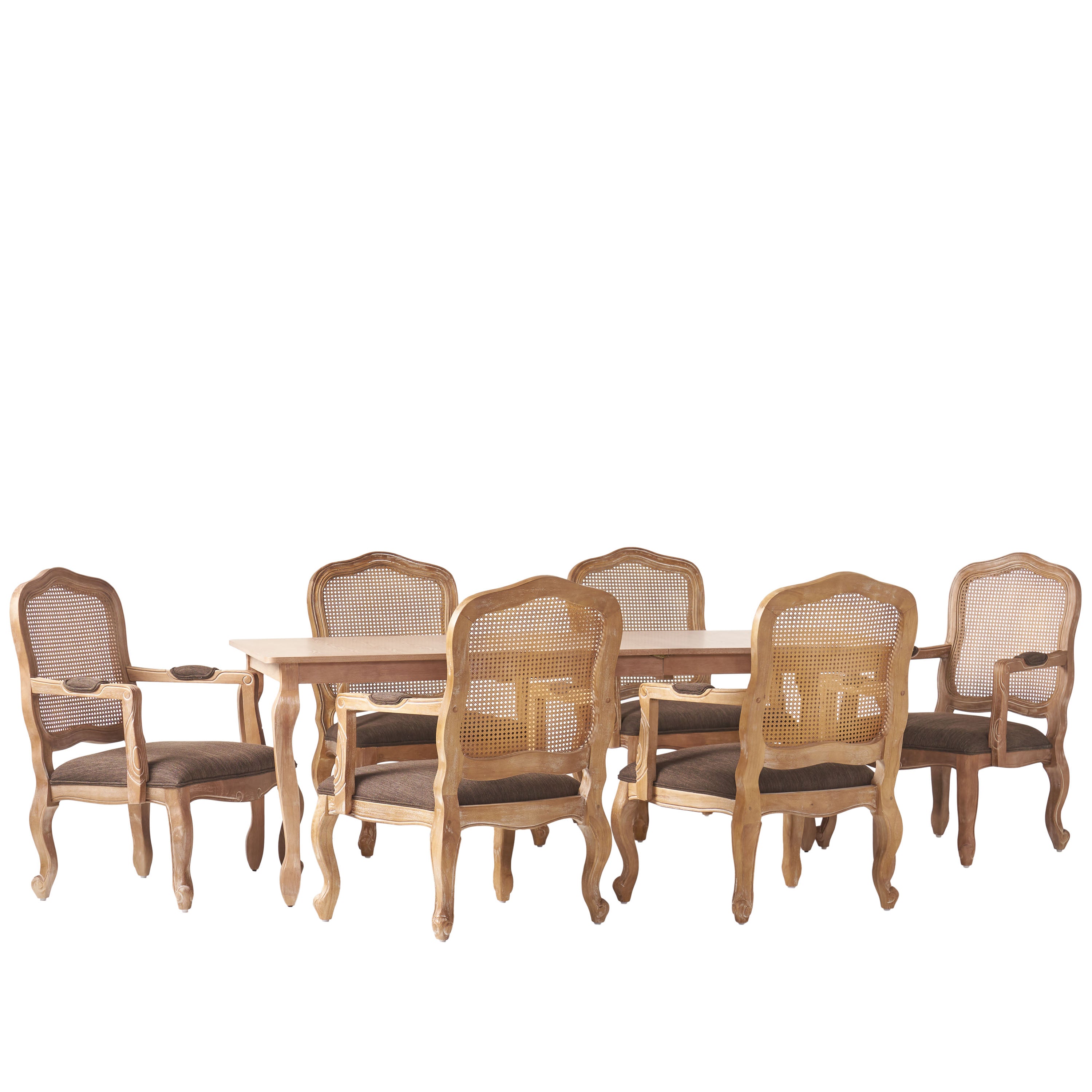 Bonview French Country Fabric Upholstered Wood and Cane Expandable 7 Piece Dining Set