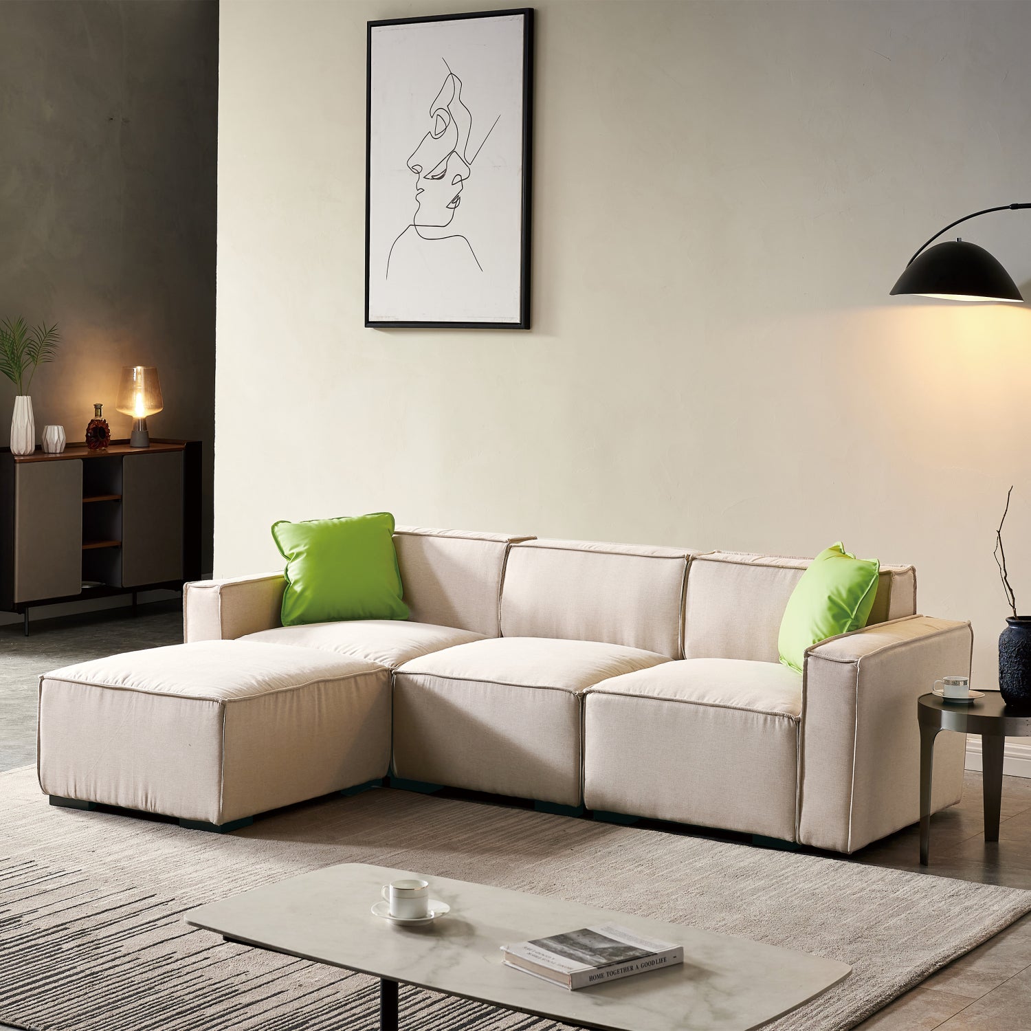 Holaki 4 Seat Modular L-Shape Sectional Fabric Sofa with Convertible Ottoman Chaise, Beige