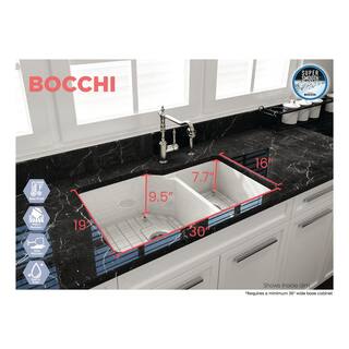 BOCCHI Sotto White Fireclay 33 in. 6040 Double Bowl Dual-Mount Kitchen Sink w Protective Bottom Grids and Strainers 1506-001-0120