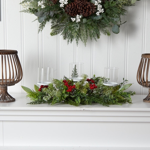 20 Holiday Winter Greenery and Berries Triple Candle Holder Artificial Christmas Table Arrangement