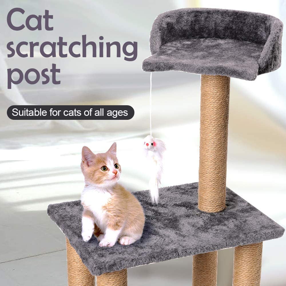 PinkSheep 3 Tier Cat Tree Tower Scratching Post Climber with Sisal Toys and Cat Perch Bed for Small Medium Cats Gray