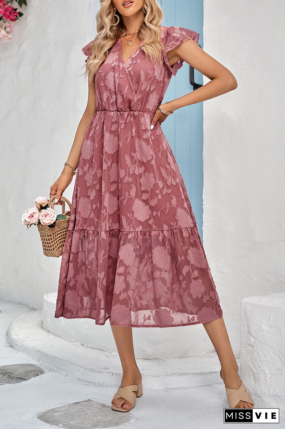 Plain Texture Floral V Neck Ruffles Maxi Dress