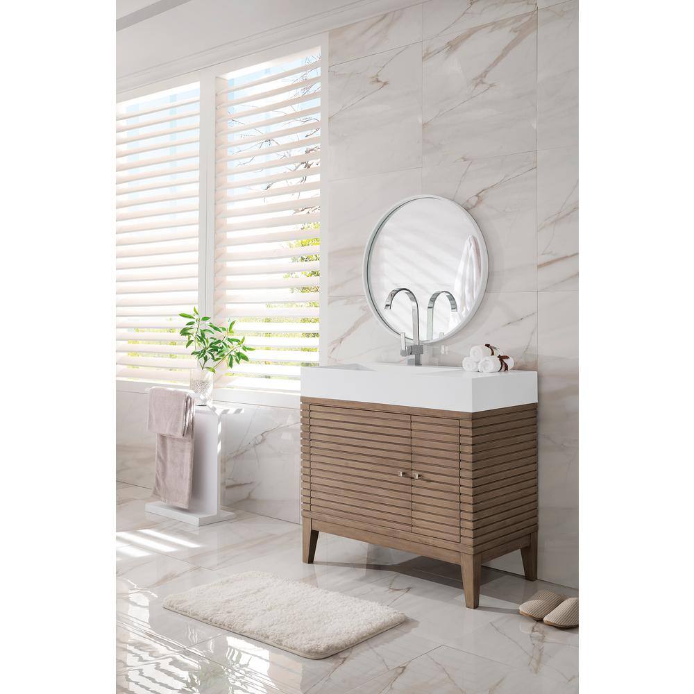 James Martin Vanities Linear 35.5 in. W x 19 in.D x 34.5 in. H Single Bath Vanity in Whitewashed Walnut with Solid Surface Glossy White Top 210-V36-WW-GW