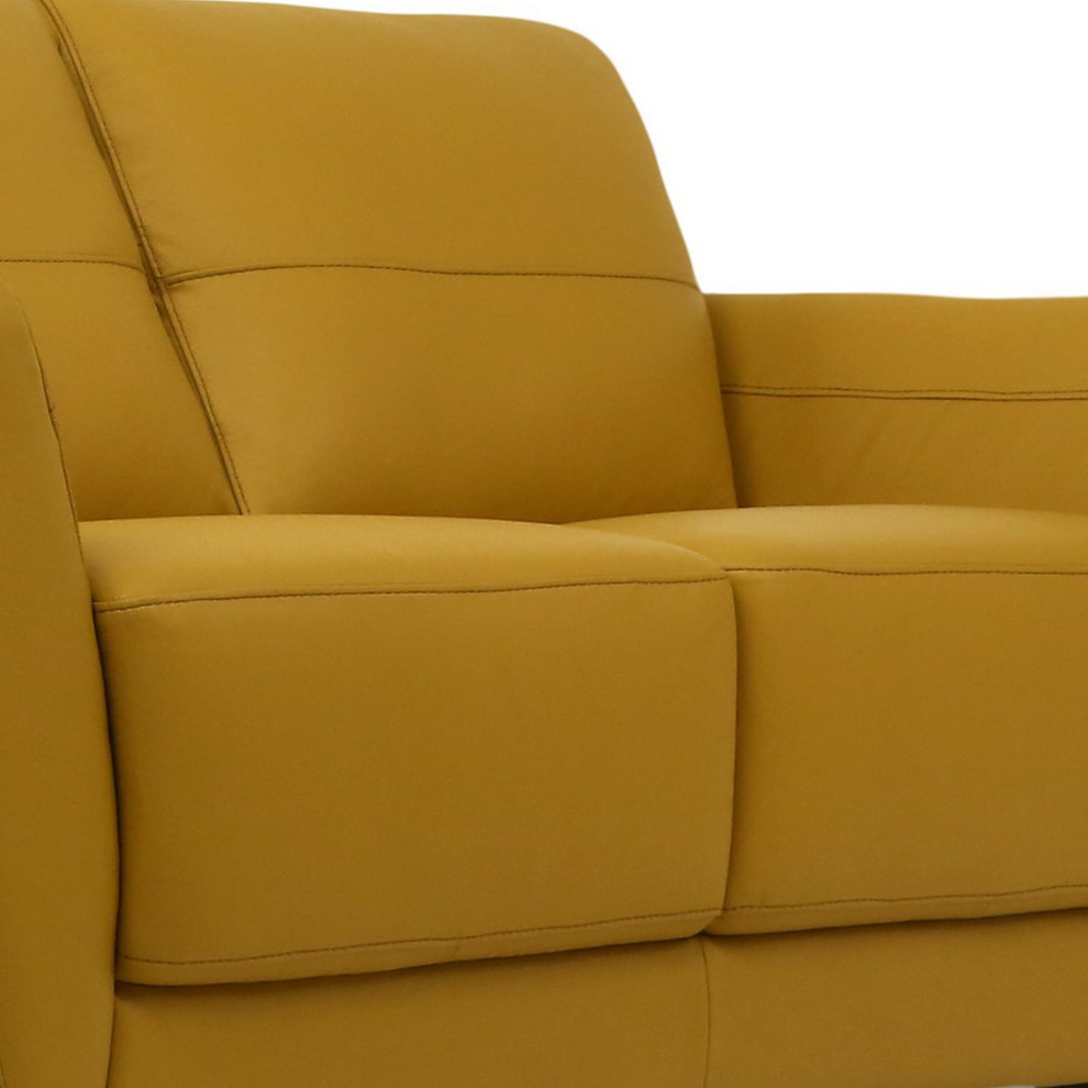 Leather Upholstered Loveseat With Tapered Block Feet And Flared Arms Yellow   Contemporary   Loveseats   by VirVentures  Houzz