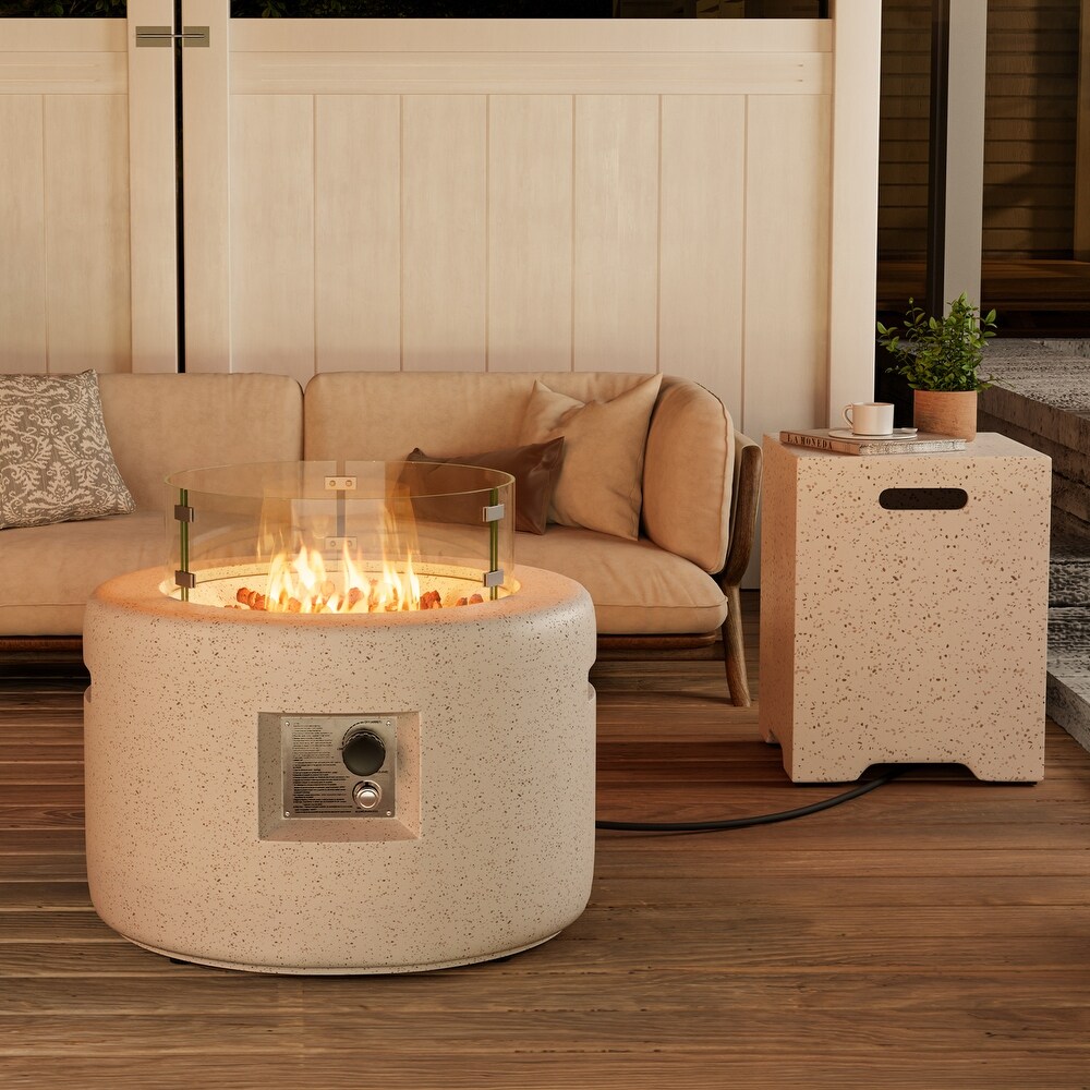 COSIEST Outdoor White Round Fire Pit Table w Wind Glass  Tank Table