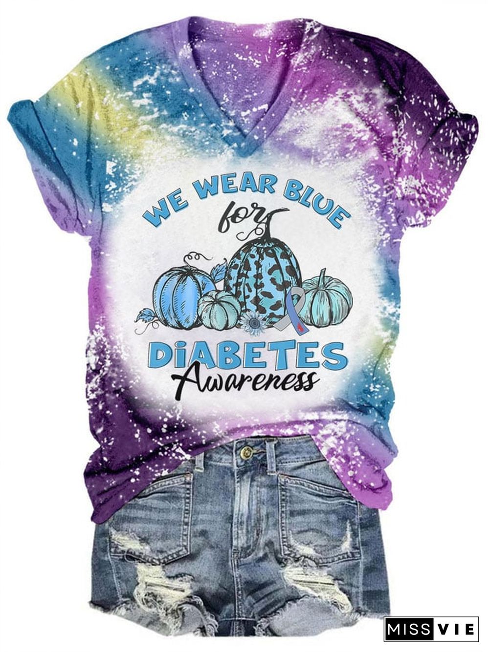 Women's We Wear Blue For Diabetes Awareness Print T-Shirt