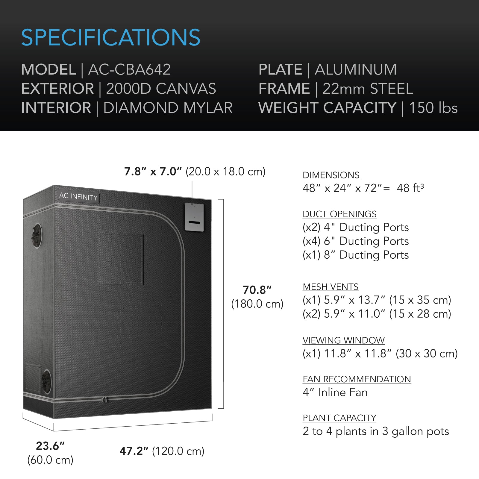 AC Infinity CLOUDLAB 642 Advance Grow Tent， 4x2 with Thicker 1 in. Poles， Higher Density 2000D Mylar Canvas， Controller Mount for Hydroponics Indoor Growing， 48” x 24” x 72”