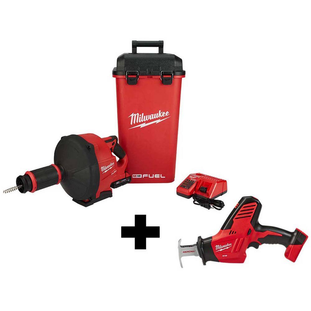 MW M18 FUEL 18V Lithium-Ion Cordless Drain Cleaning Snake Auger Kit with M18 HACKZALL Reciprocating Saw 2772A-21-2625-20