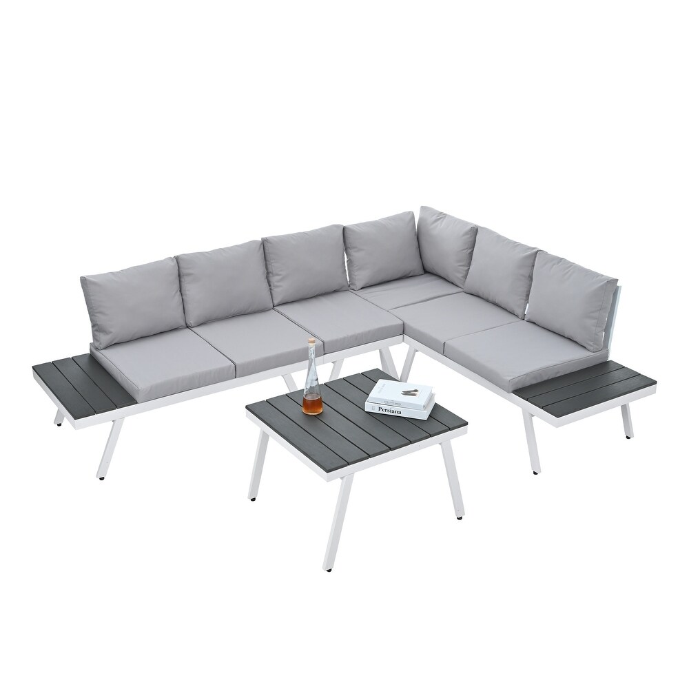 5 Piece Aluminum Outdoor Patio Furniture Set  Modern Garden Sectional Sofa Set with End Coffee Table  for Backyard  Grey