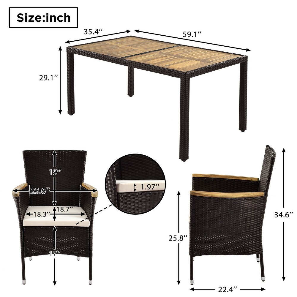 7 Piece Dining Sets and PE Rattan Steel Frame Armchair with Cushions  Patio Wicker Acacia Wood Dining Table  Black/ Natural