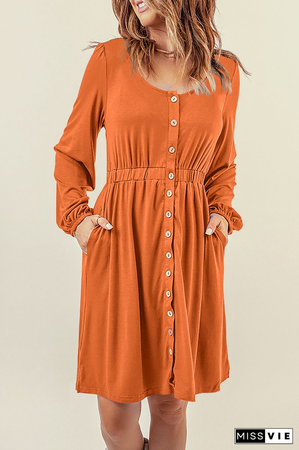 Orange Button Up High Waist Long Sleeve Dress