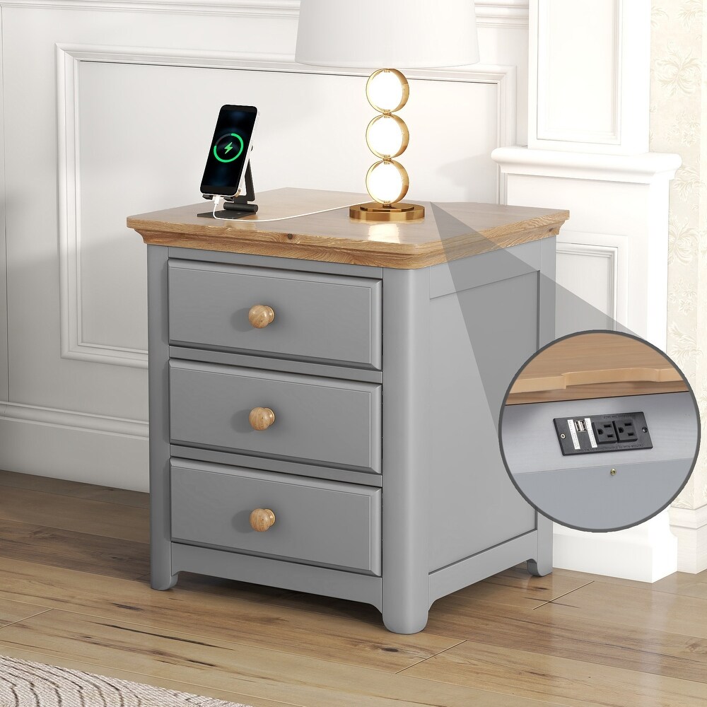 Wooden Nightstand with USB Charging Ports and Three Drawers End Table for Bedroom Living Room  Gray Natrual