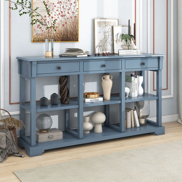 Console Table with Ample Storage， Open Shelves and Drawers