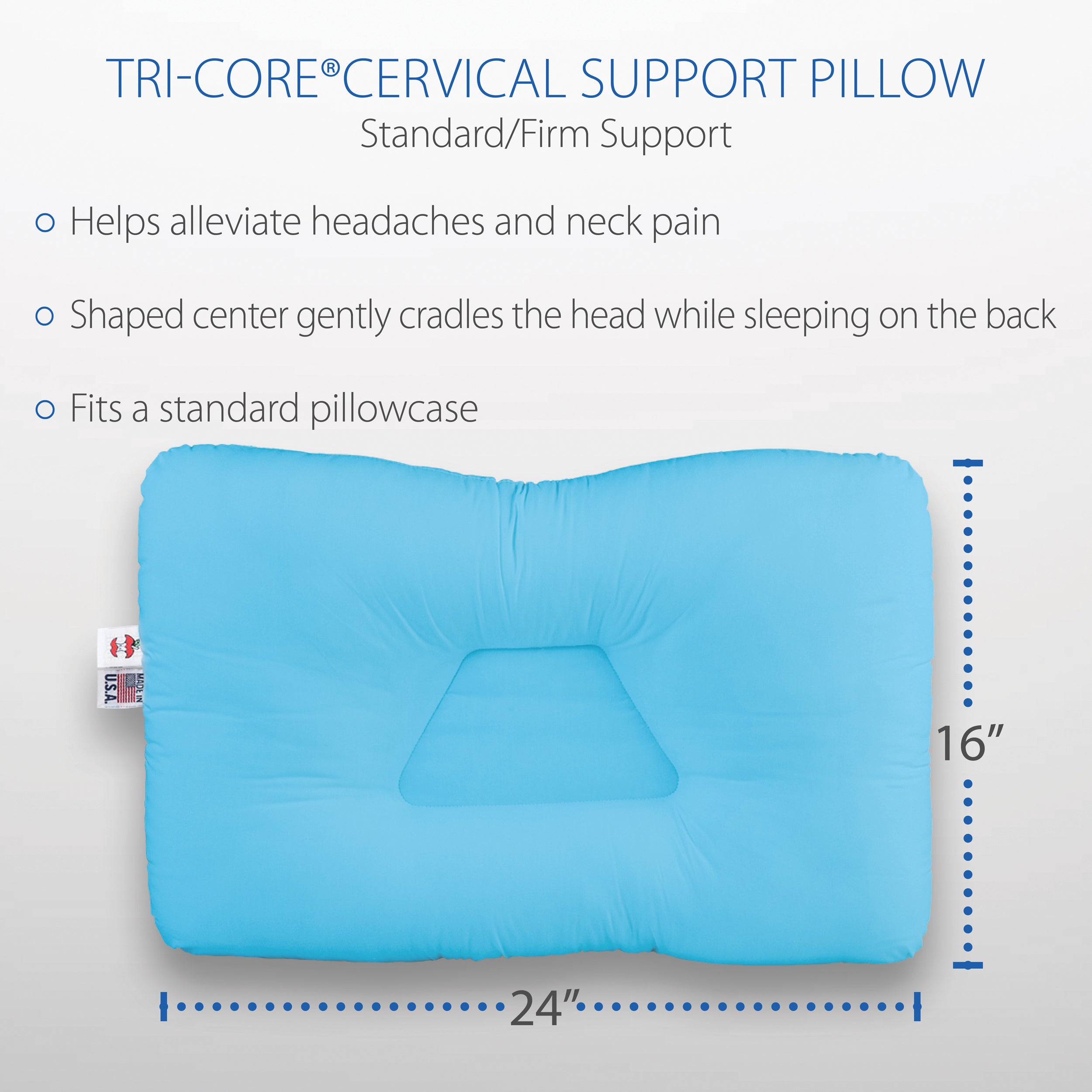 Core Products Tri-Core Cervical Orthopedic Neck Support Pillow, Helps Ease Pain- Full Size- Firm- Blue