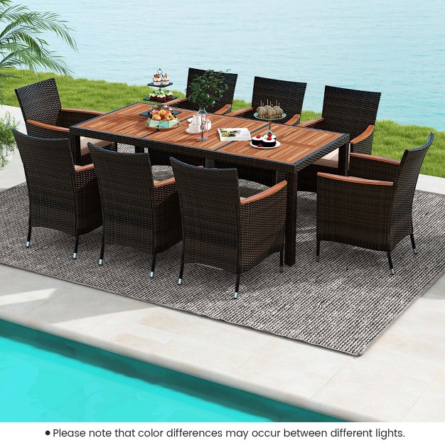 Costway 9pcs Patio Wicker Dining Set Acacia Wood Table Top Umbrella Hole Cushions Chairs