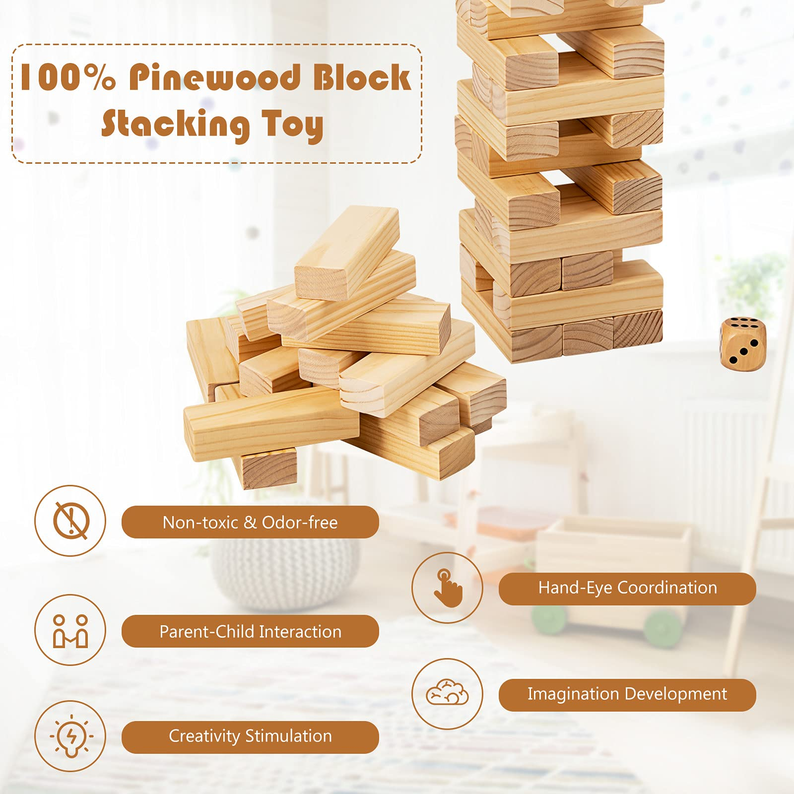 Costzon Giant Tumbling Timber Toy, 54PCS Pine Wooden Block Stacking Game w/ Carrying Bag