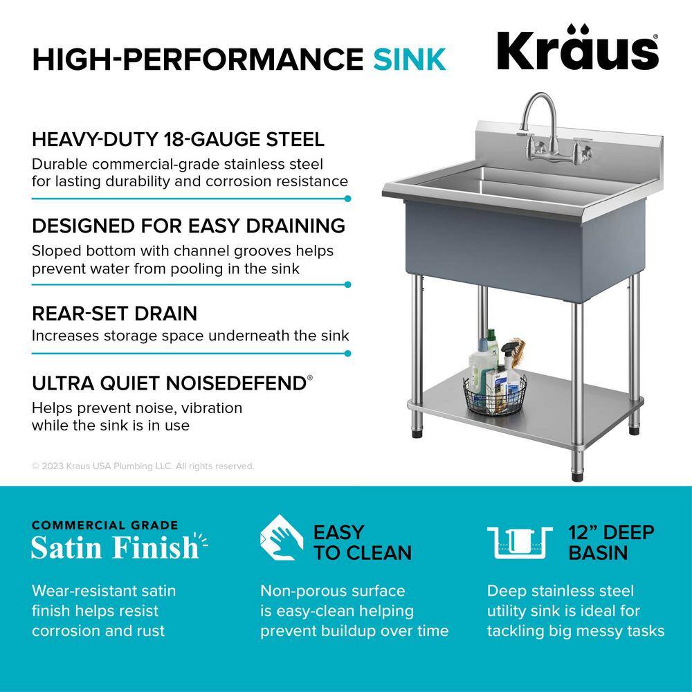 KRAUS Kore 32 in. W 18-Gauge Workstation Stainless Steel Single Bowl Commercial Utility Laundry Sink for Wall Mount Faucet KWS100-32