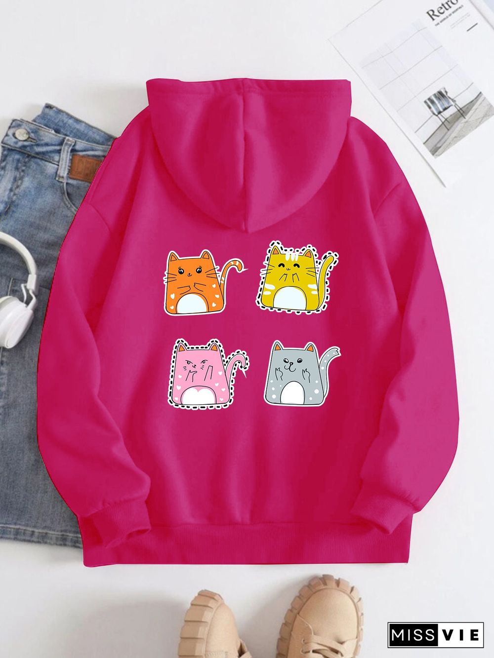 Printed on the Back Kangaroo Pocket Hoodie Long Sleeve for Women Pattern  Cartoon Cats