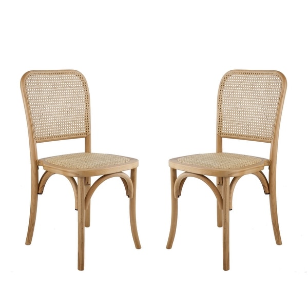 21 Inch Dining Chairs， Rattan Seat， Curved， Stackable， Set of 2， Natural