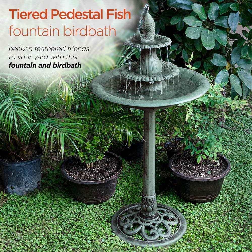 Alpine Corporation 40 in. Tall Outdoor 3-Tiered Pedestal Water Birdbath with Fish Design Floor Fountain, Green TEC104