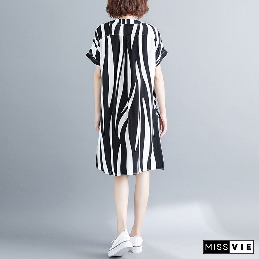 fashion striped cotton linen dresses plus size short sleeve gown v neck cotton linen dress