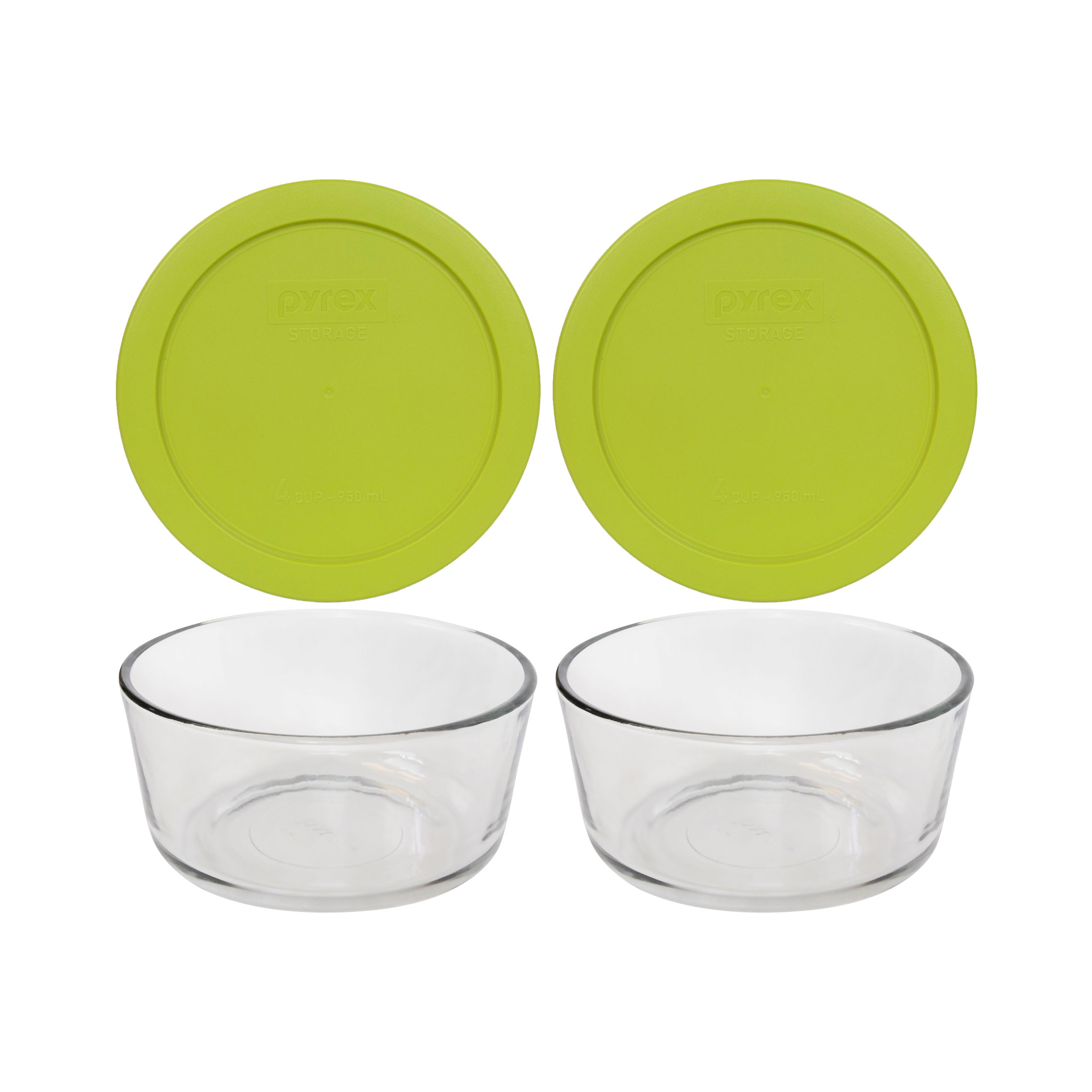 Pyrex (2) 7201 4-Cup Glass Storage Bowls and (2) 7201-PC Green Edamame Plastic Lids