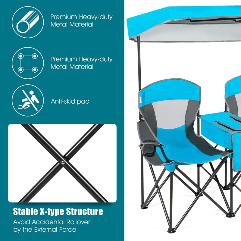 Double Sunshade Camping Canopy Chair with Mini Table, Cup Holder, Portable Folding Beach Chair with Canopy