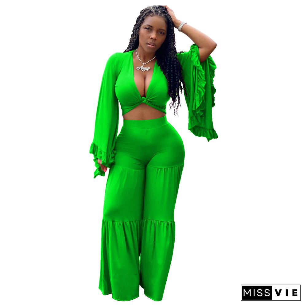 Solid Low Cut Crop Top Wide Leg Pants Set