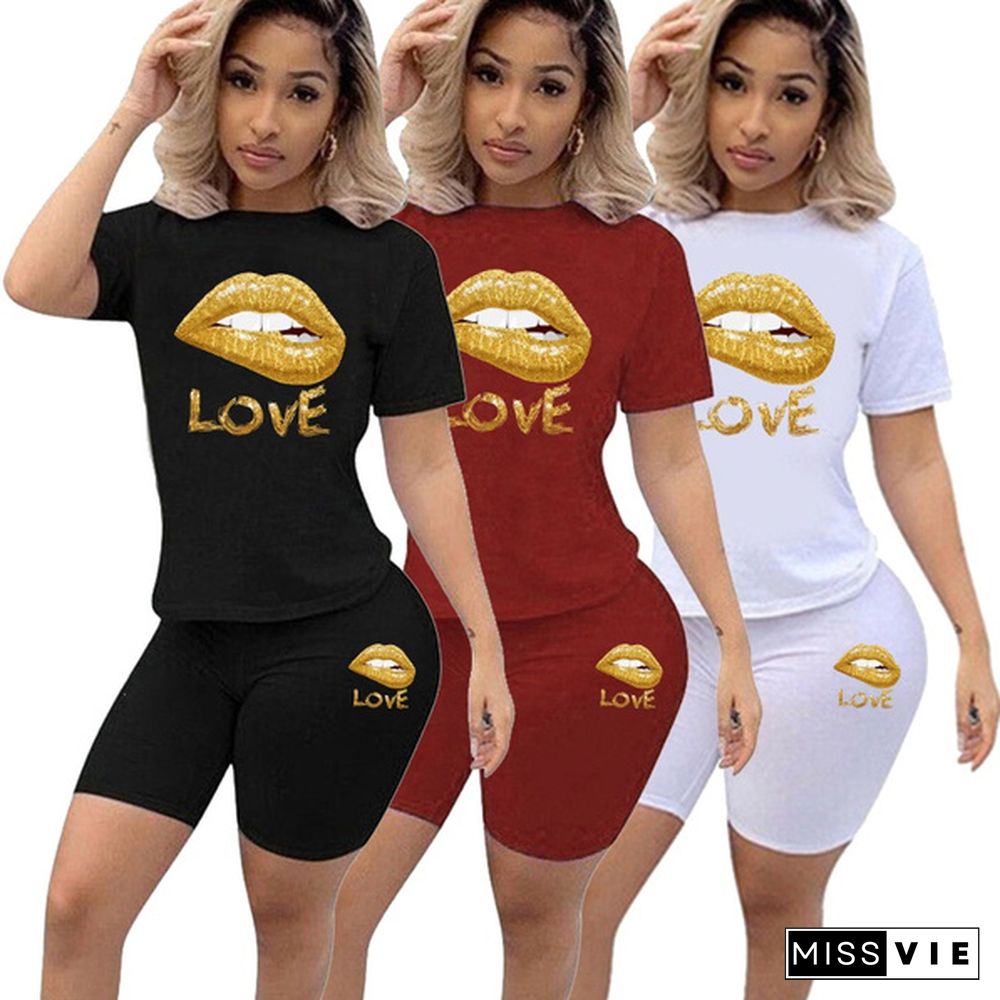 Two-Piece Fashion Womens Clothing Short-Sleeved Crew Neck T-Shirt And Tight-Fitting Shorts Tracksuit Outfit