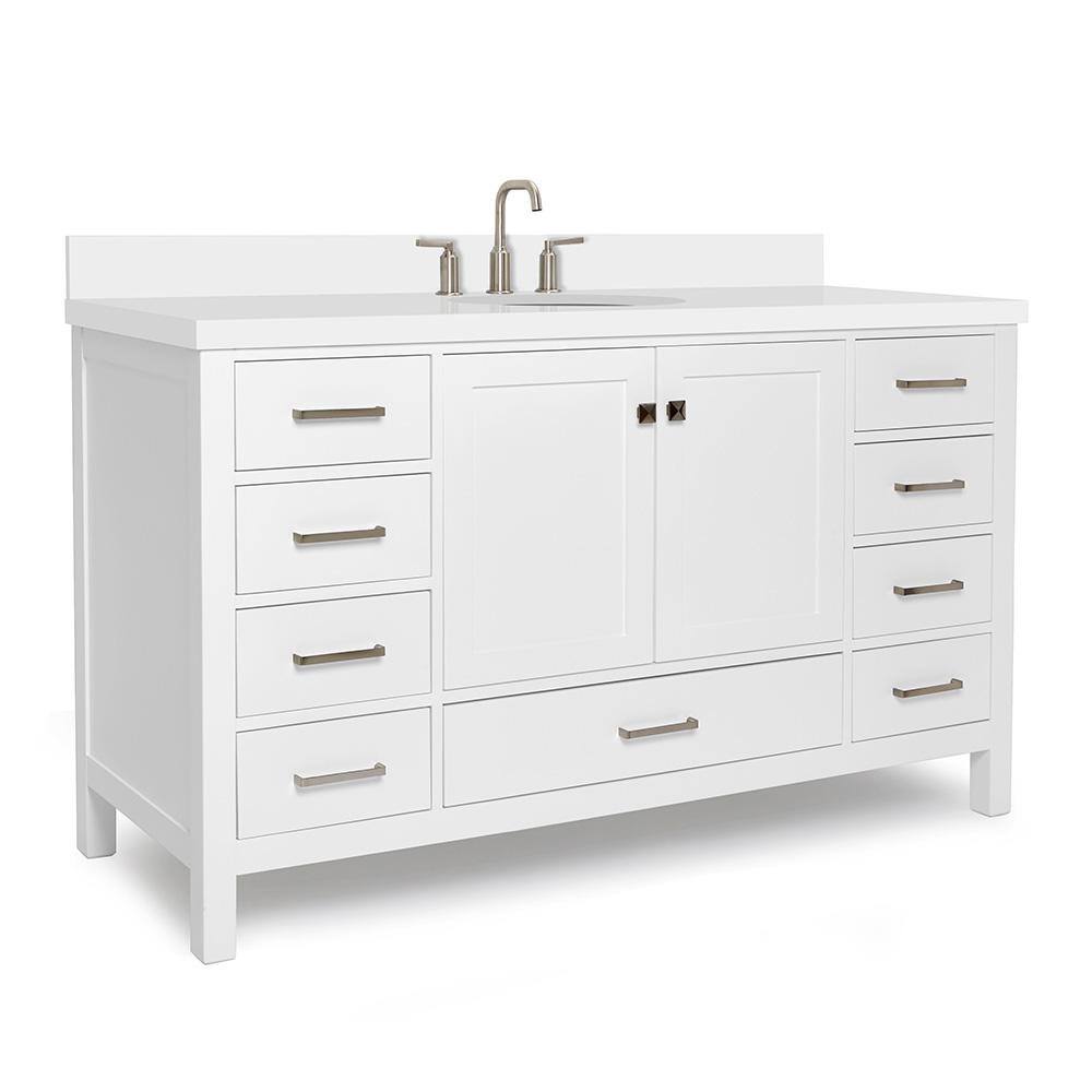 ARIEL Cambridge 61 in. W x 22 in. D x 35 in. H Vanity in White with Quartz Vanity Top in White with Basin A061SWQOVOWHT