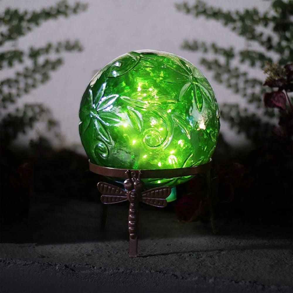 Alpine Corporation 13 in. Tall Indoor/Outdoor Pearlized Green Glass LED Gazing Globe with Stand HGY112A-GN