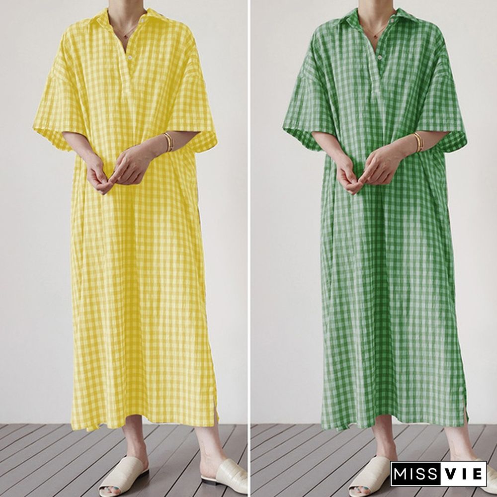 Women Half Sleeve Collared Kaftan Casual Grid Printed Button Down Plus Size Long Maxi Shirt Dress