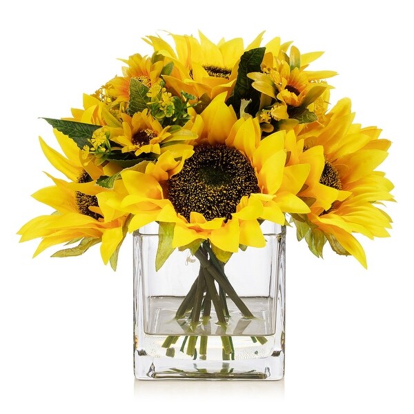 Enova Home Mixed Artificial Sunflowers Arrangement in Glass Vase For Home Office Centerpiece Table Decoration