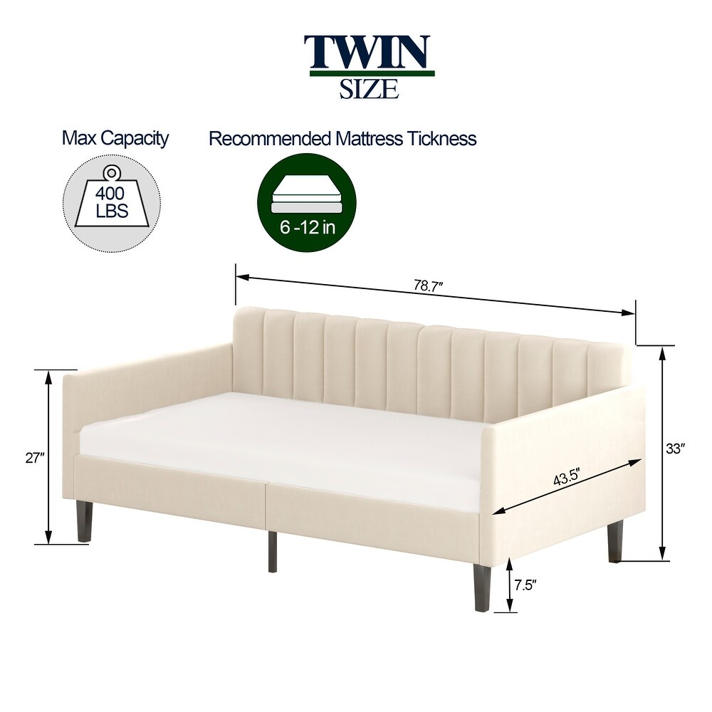 Twin Size Ivory Velvet Upholstered Daybed  Ribbed Tufted Backrest  Daybed in Lavish Modern Design  Richly Foam hued for Bedroom