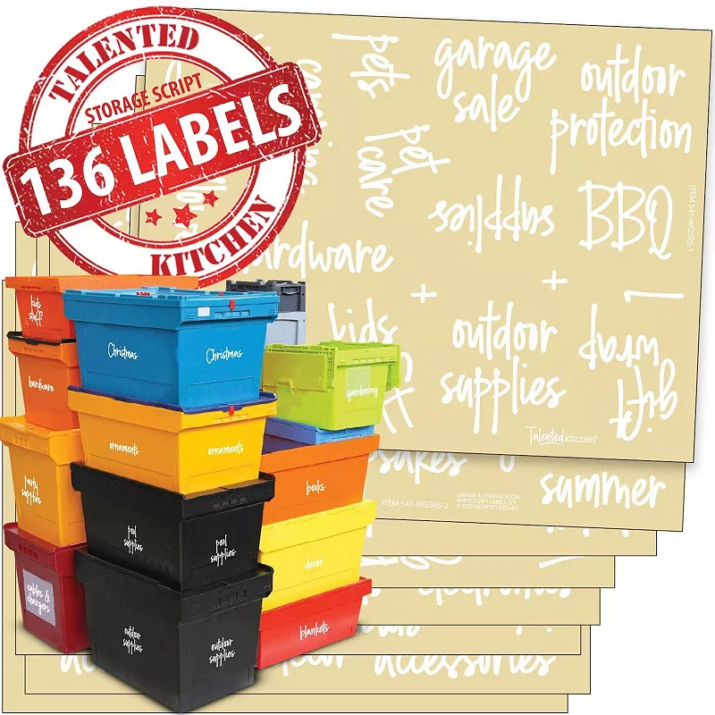 Talented Kitchen 136 Storage Room and Garage Organization Labels. White Script Preprinted Labels. Water Resistant Black on Clear Stickers. Organization System Labels for Bins and Boxes Holiday and Essential