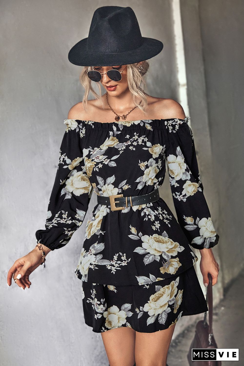 Off Shoulder High Waist Long Sleeves Floral Dress