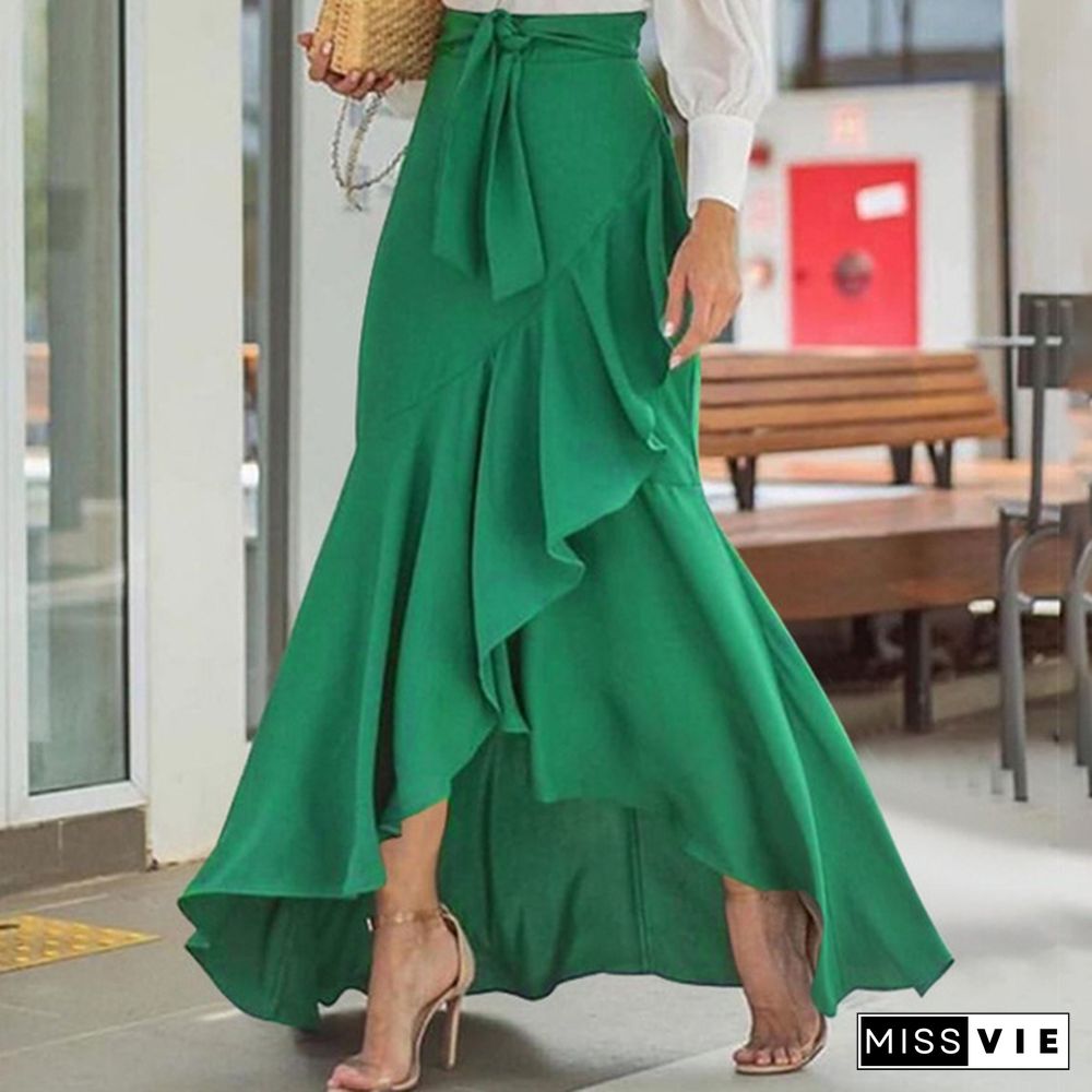 Women Ruffles Hem Mermaid Skirt Maxi Saia Elastic High Waist Asymmetrical Party Elegant Casual Long Skirt Plus Size