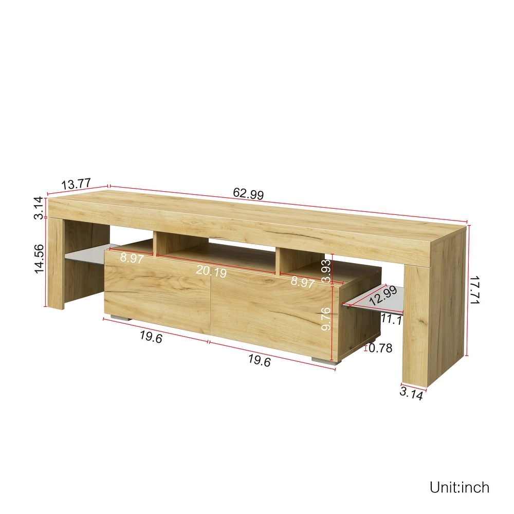 63''L Matt Laminate Finish TV Stand Cabinet with 2 Soft Open Front Storage Doors  20 Colors LED Remote Control (up to 70'')