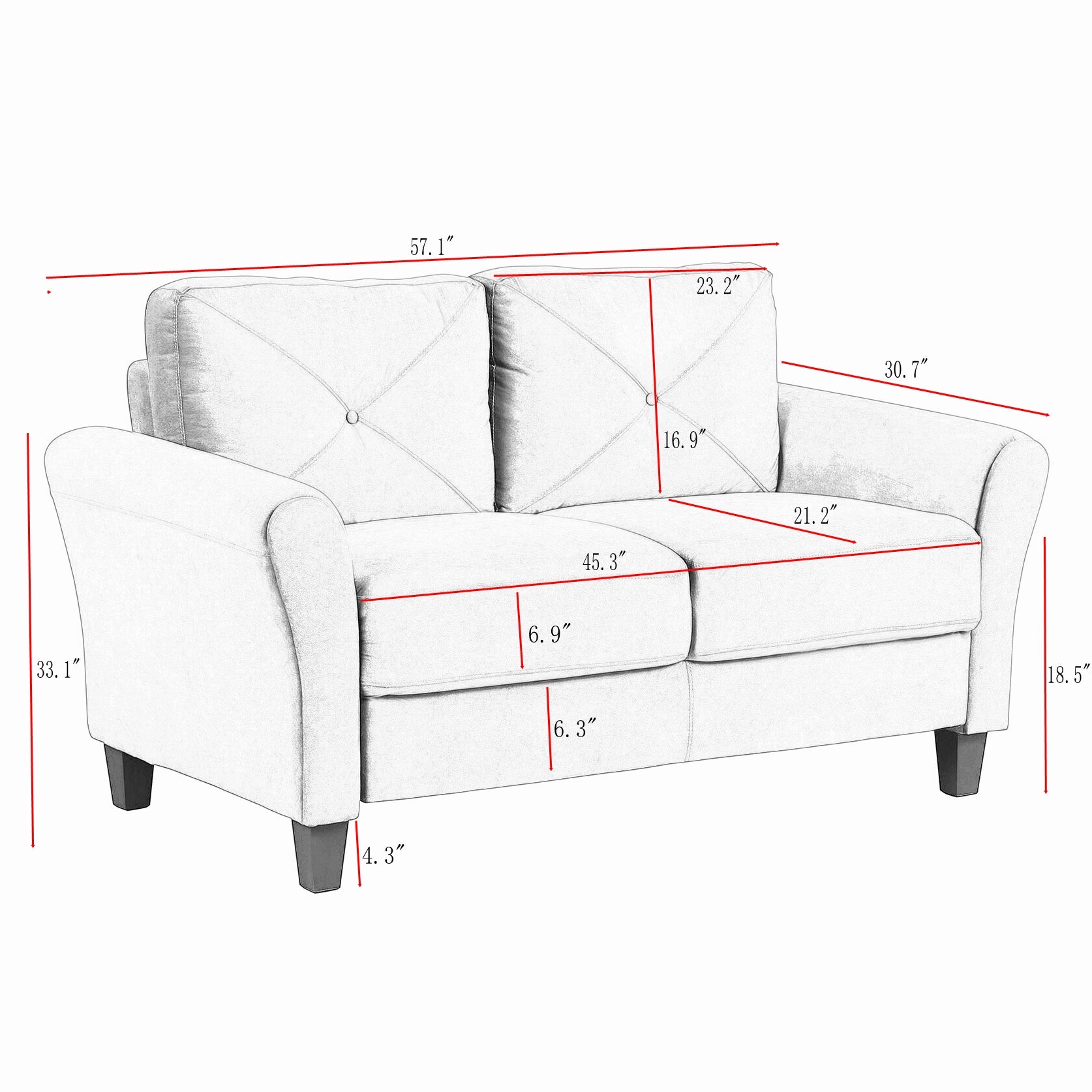 2 Pieces Upholstered Loveseat and Couch for Home Office Lounge, Modern Fabric 3 Seater Couch 2 Seat Futon Sofa with Sturdy Wood Frame, Tufted Design (Grey)