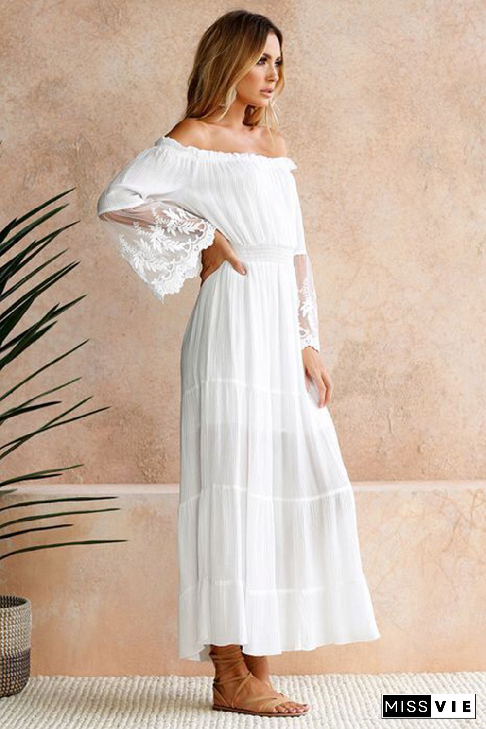 White Off Shoulder Embroidered Flared Sleeve Lace Maxi Dress